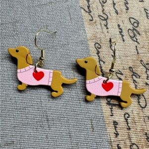 New Dachshund Weenie Dog w/ Heart Shirt Valentines Matte Acrylic Earrings 1.5”